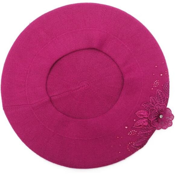 Womens French Beret hat Flower Medium Violet Red - Picture 5 of 6